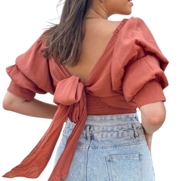 Vestique Top Burnt Orange V Neck Puffed Sleeve Pleated Tie Back Fairy Corset S - Picture 5 of 16